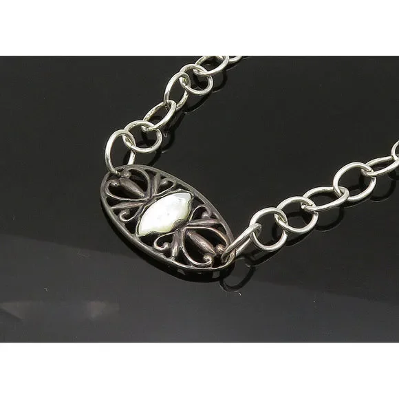 CAROLYN POLLACK 925 Silver Vintage Mother Of Pearl Chain Necklace NE3576